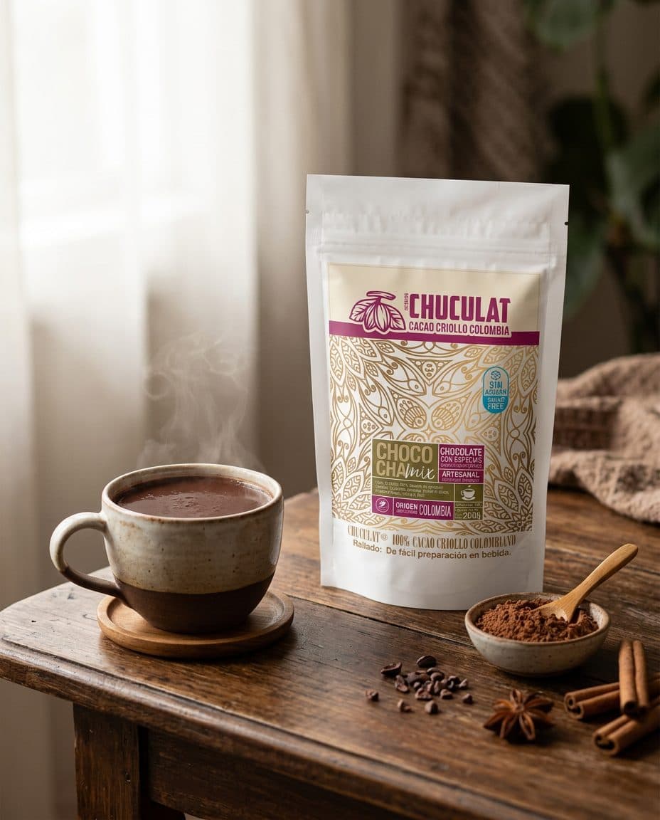 Taza de chocolate caliente CHUCULAT junto a su empaque de cacao
