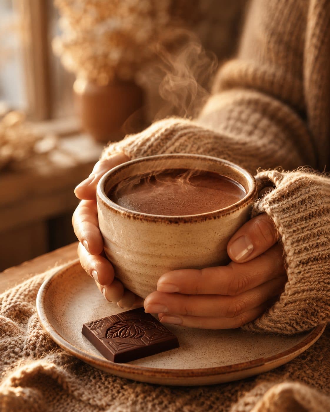 Manos sosteniendo una taza de chocolate caliente CHUCULAT