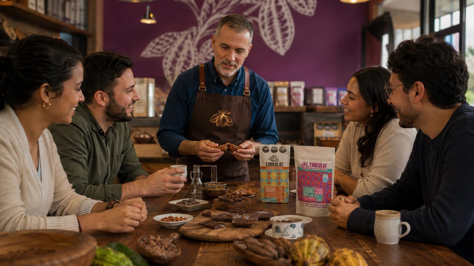 Taller de chocolate CHUCULAT: cata guiada de tabletas y cacao sobre mesa de madera