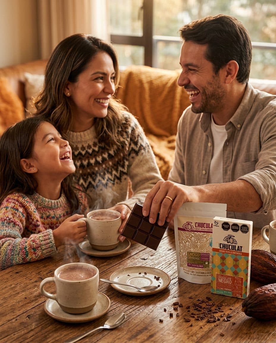 Familia colombiana compartiendo chocolate CHUCULAT en una merienda feliz