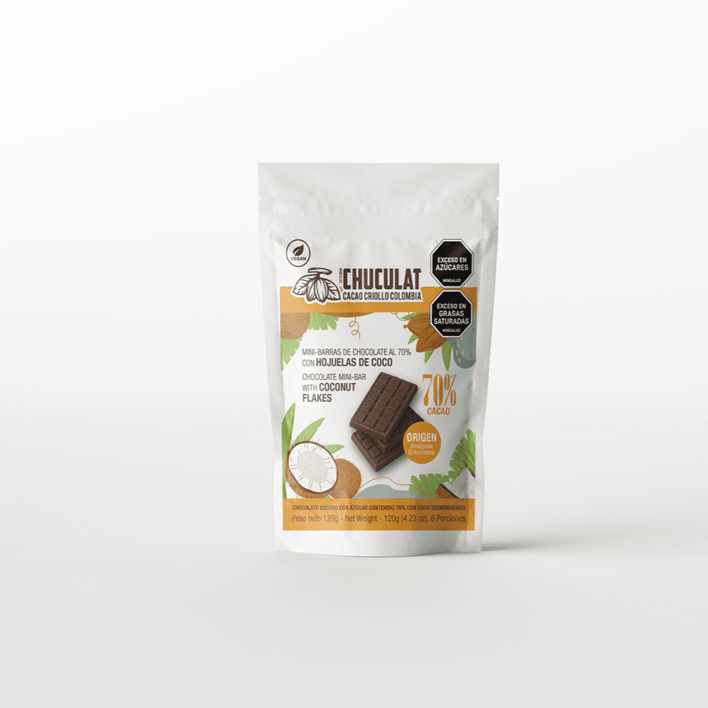 Mini barras de chocolate 70% con hojuelas de coco 120grs