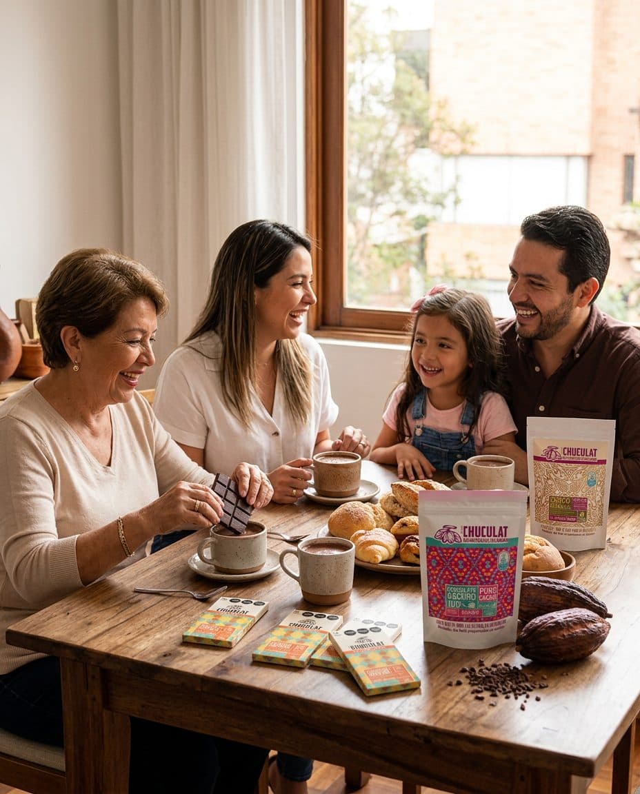 Familia colombiana disfrutando chocolate CHUCULAT en unas onces