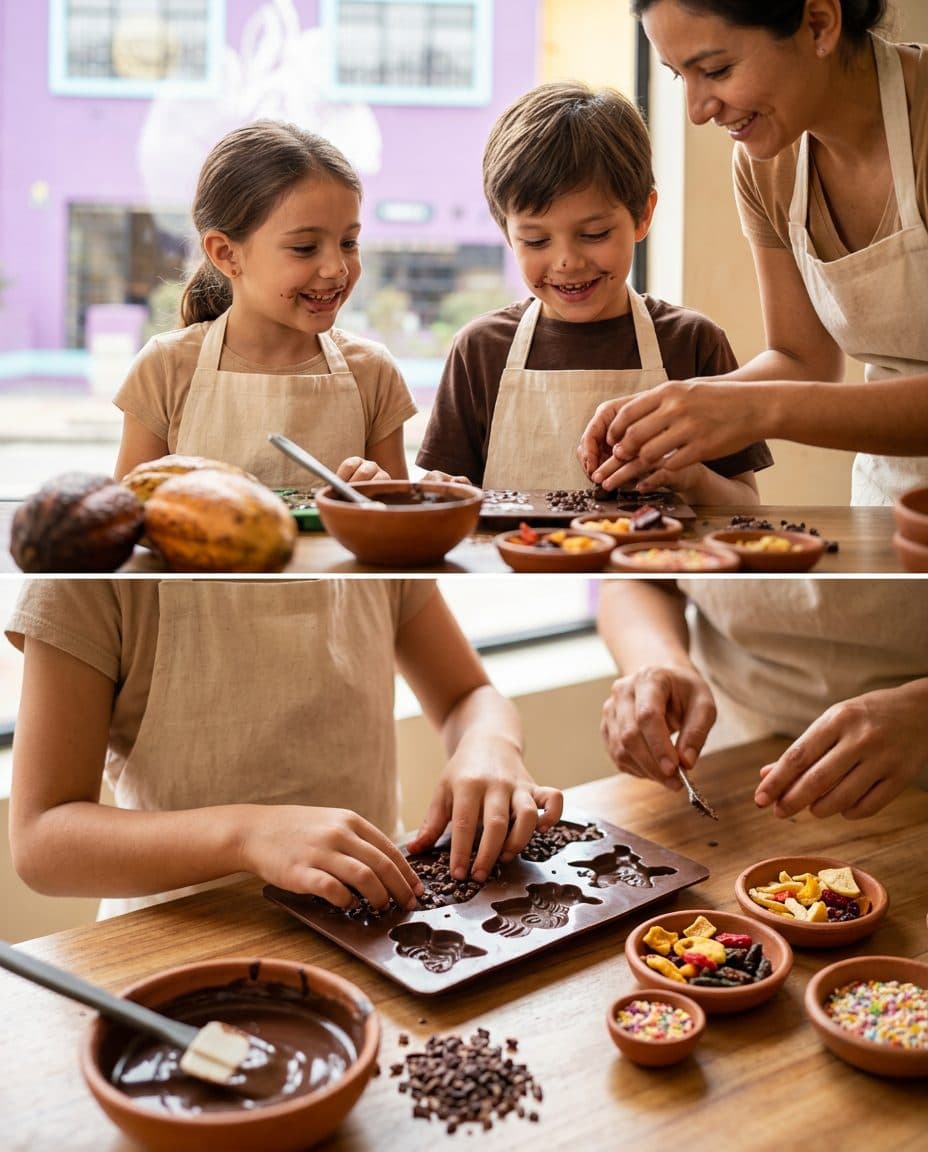 Niños moldeando y decorando chocolate con toppings de colores