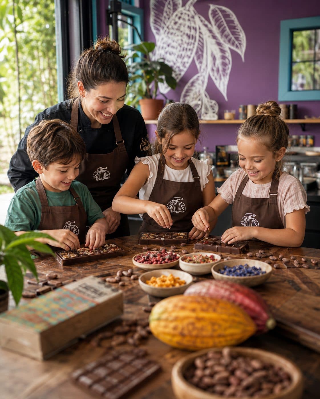 Niños con delantal descubriendo el cacao en un taller de chocolate CHUCULAT